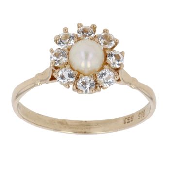 9ct Yellow Gold Pearl and Cubic Zirconia Cluster Ring