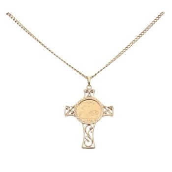 9ct Yellow Gold 1982 Half Sovereign Coin Cross Pendant and Chain 18"