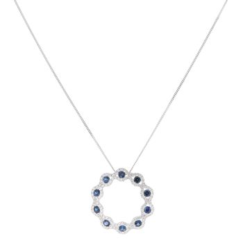 18ct White Gold 0.79ct Brilliant Cut Diamond and Sapphire Pendant and Chain 18"
