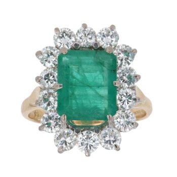 18ct Yellow Gold 1.50ct Brilliant Cut Diamond and Emerald Cluster Ring