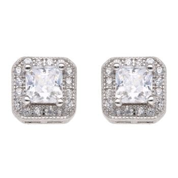 Silver Cubic Zirconia Square Cluster Stud Earrings