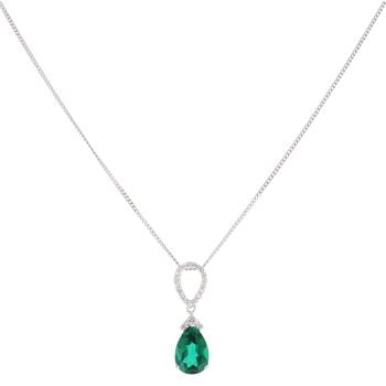 9ct White Gold 0.10ct Diamond And Created Emerald Pendant And Chain 18"