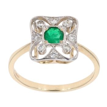 14ct Yellow Gold Emerald And 0.12ct Diamond Ring