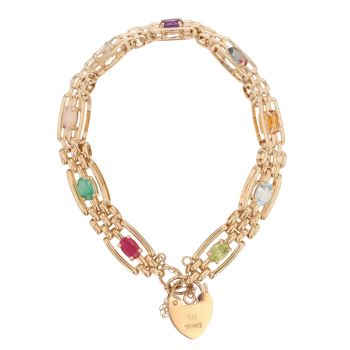 9ct Yellow Gold Multi Gemstone Heart Lock Bracelet 7"