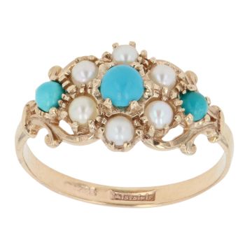 9ct Yellow Gold Pearl and Turquoise Cluster Ring