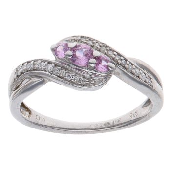 9ct White Gold 0.10ct Brilliant Cut Diamond and Pink Sapphire Three Stone Ring