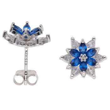 Silver Cubic Zirconia and Blue Gemstone Flower Cluster Stud Earrings By Icesia