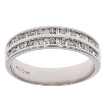 18ct White Gold 0.25ct Brilliant and Baguette Cut Diamond Two Row Half Eternity Ring