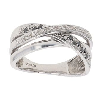 9ct White Gold 0.20ct Brilliant Cut Black and White Diamond Crossover Ring