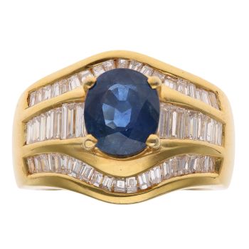 18ct Yellow Gold 2.05ct Baguette Cut Diamond and Sapphire Ring