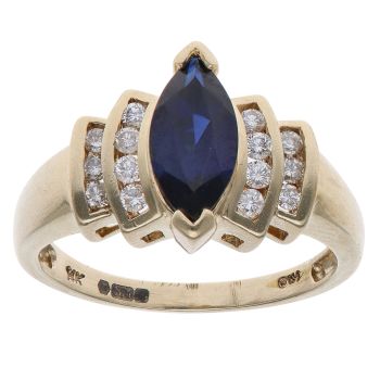 14ct Yellow Gold 0.15ct Brilliant and Maquise Cut Diamond and Created Sapphire Solitaire Ring