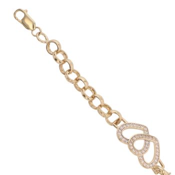 9ct Yellow Gold Cubic Zirconia Double Heart Belcher Bracelet 6.5"