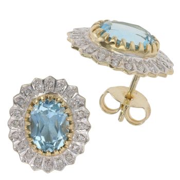 9ct Yellow and White Gold 0.10ct Diamond and Blue Topaz Cluster Stud Earrings