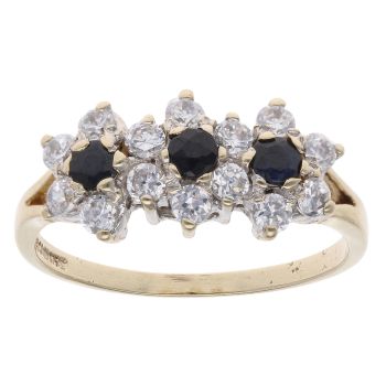 9ct Yellow Gold Sapphire And Cubic Zirconia Triple Cluster Ring