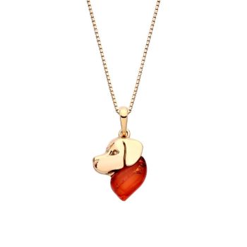 18ct Yellow ﻿Gold on Sterling Silver Baltic Amber Labrador Dog Pendant Necklace