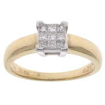 18ct Yellow Gold 0.25ct Princess Cut Diamond Cluster Ring