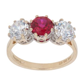 14ct Yellow Gold Created Ruby and Cubic Zirconia Three Stone Ring