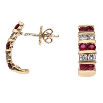 14ct Yellow Gold 0.25ct Brilliant Cut Diamond and Ruby Half Hoop Earrings