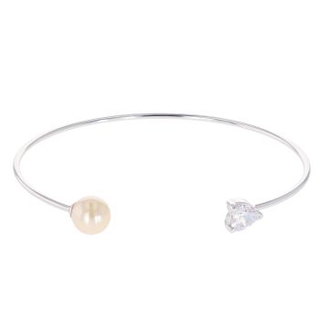 Silver Cubic Zirconia Heart And Faux Pearl Torque Bangle By Icesia