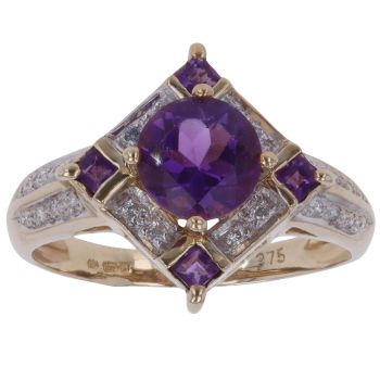 9ct Yellow Gold 0.10ct Diamond and Amethyst Cluster Ring