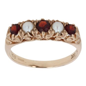 9ct Yellow Gold Pearl and Garnet Five Stone Ring