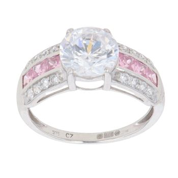 9ct White Gold Pink Gemstone And Cubic Zirconia Ring