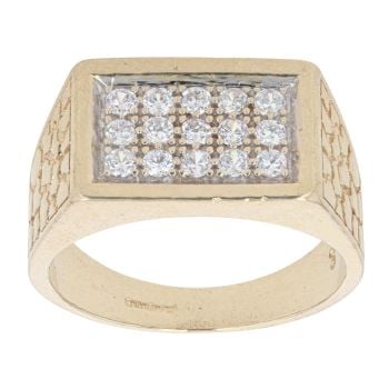9ct Yellow Gold Cubic Zirconia Patterned Rectangular Signet Ring