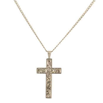 9ct Yellow Gold Patterned Cross Pendant and Chain 28"