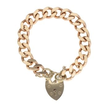 9ct Yellow Gold Curb Heart Lock Charm Bracelet 7"