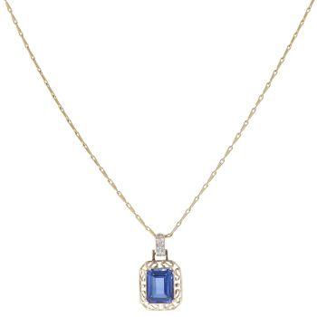 9ct Yellow Gold 0.01ct Diamond and Created Sapphire Pendant and Chain 16"