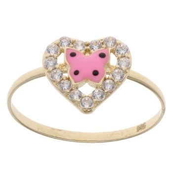 14ct Yellow Gold Cubic Zirconia Heart and Pink Enamel Butterfly Dress Ring