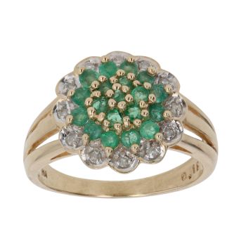 9ct Yellow Gold 0.12ct Diamond and Emerald Cluster Ring
