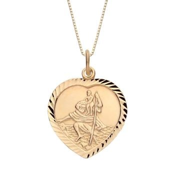 18ct Yellow ﻿Gold on Sterling Silver Diamond Cut Heart St Christopher Pendant Necklace