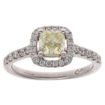 Platinum 0.90ct Cushion And Brilliant Cut Yellow And Colourless Diamond Cluster Ring