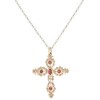 9ct Yellow Gold Garnet Cross Pendant And Chain 24"