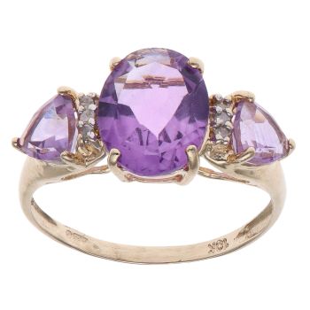 9ct Yellow Gold 0.05ct Diamond and Amethyst Three Stone Ring