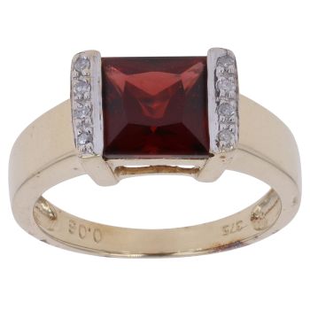 9ct Yellow Gold Garnet and 0.06ct Diamond Ring