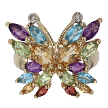 9ct Yellow Gold 0.02ct Diamond and Multi Gemstone Butterfly Ring