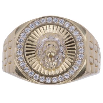 14ct Yellow and White Gold Cubic Zirconia Lion Signet Ring