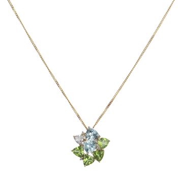 9ct Yellow Gold 0.02ct Diamond, Peridot, Aquamarine and Morganite Cluster Pendant and Chain 18"