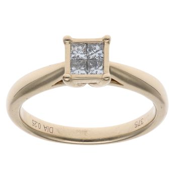 9ct Yellow Gold 0.25ct Princess Cut Diamond Cluster Ring