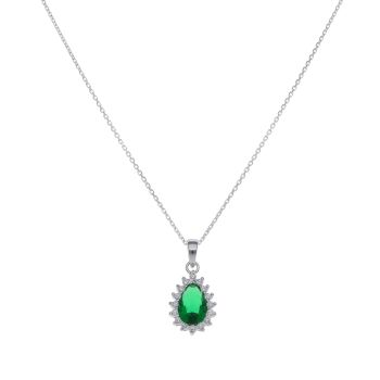 Silver Cubic Zirconia and Green Gemstone Cluster Pendant and Chain 18" By Icesia