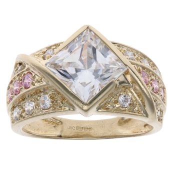 14ct Yellow Gold Pink and Clear Cubic Zirconia Three Row Fancy Ring