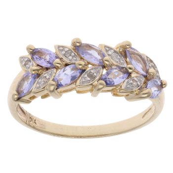 9ct Yellow Gold 0.05ct Diamond And Tanzanite Leaf Style Ring