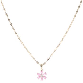 14ct Yellow Gold Cubic Zirconia and Pink Gemstone Floral Cluster Pendant and Chain 18"