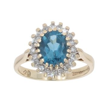 9ct Yellow Gold Blue Topaz and 0.20ct Diamond Cluster Ring