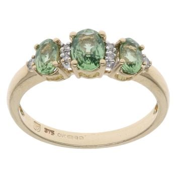9ct Yellow Gold 0.05ct Diamond And Green Gemstone Cluster Ring