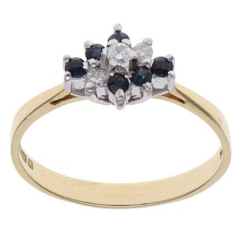 18ct Yellow Gold 0.05ct Diamond and Sapphire Three Row Cluster Ring