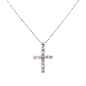 9ct White Gold 0.10ct Diamond Cross Pendant and Chain 16"