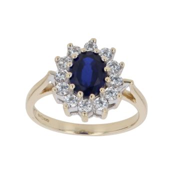 9ct Yellow Gold Created Sapphire and Cubic Zirconia Cluster Ring